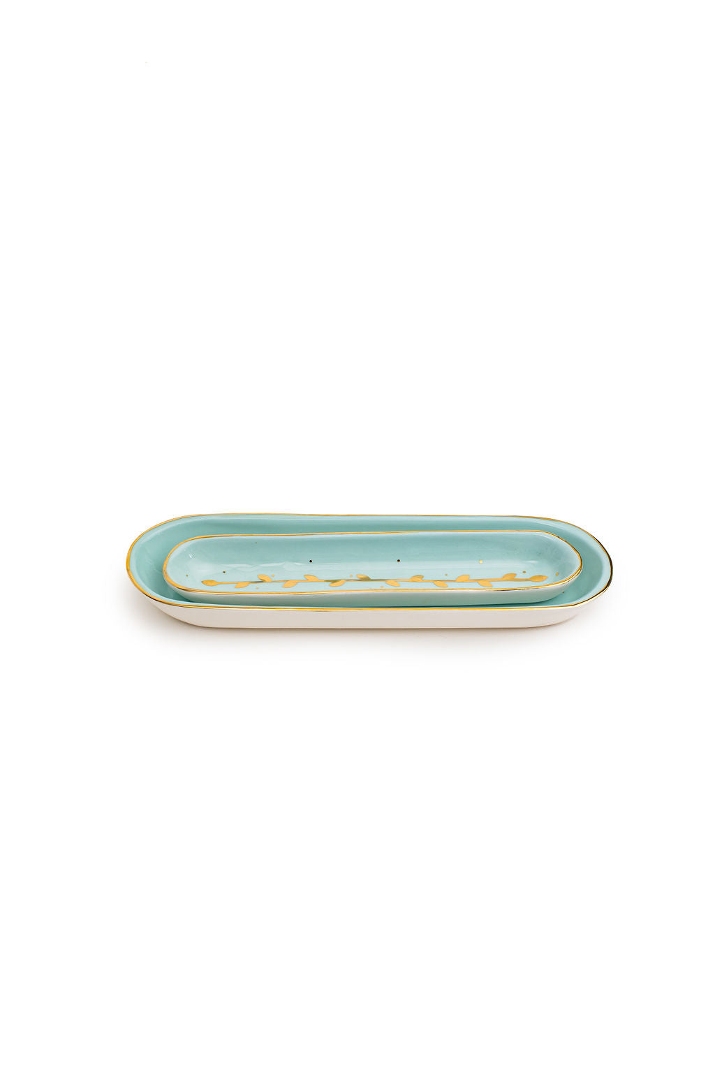 Cyan Maan Oval Tray with Gold Leaves