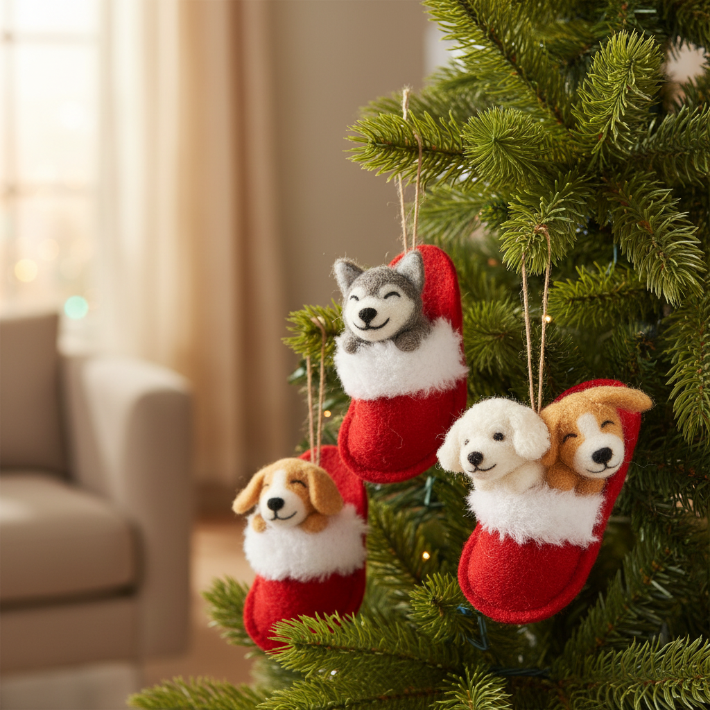 Puppies in Santa's slippers Ornaments | Set of 3
