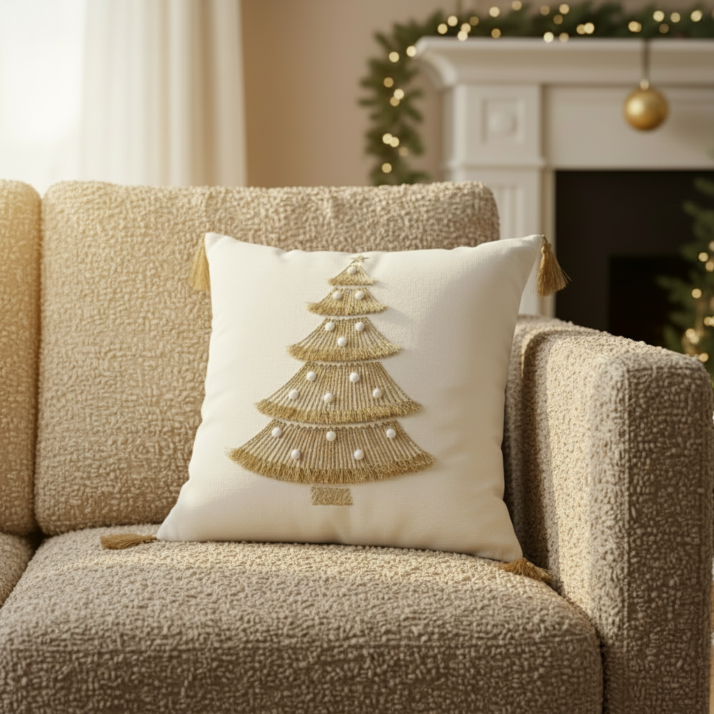 White And Gold Christmas Tree Cushion