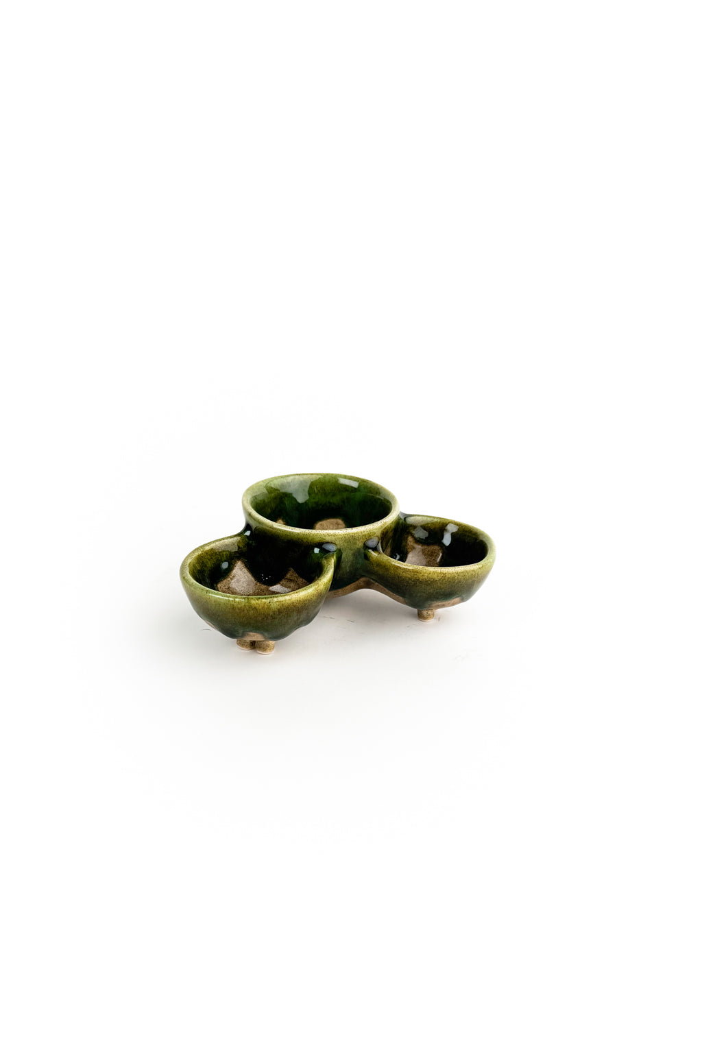 Handmade Triple Bowl – Green And Brown Glaze
