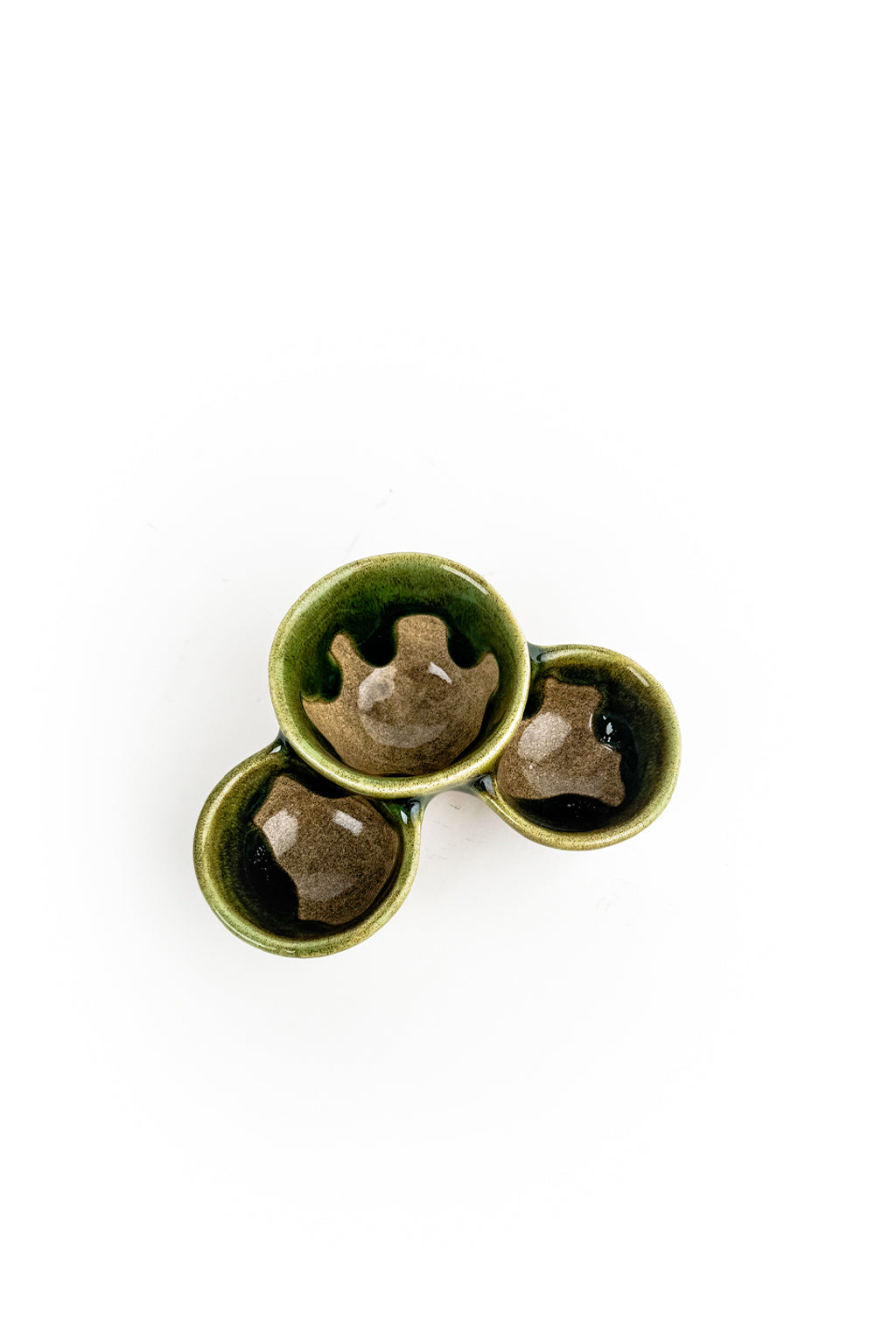 Handmade Triple Bowl – Green And Brown Glaze