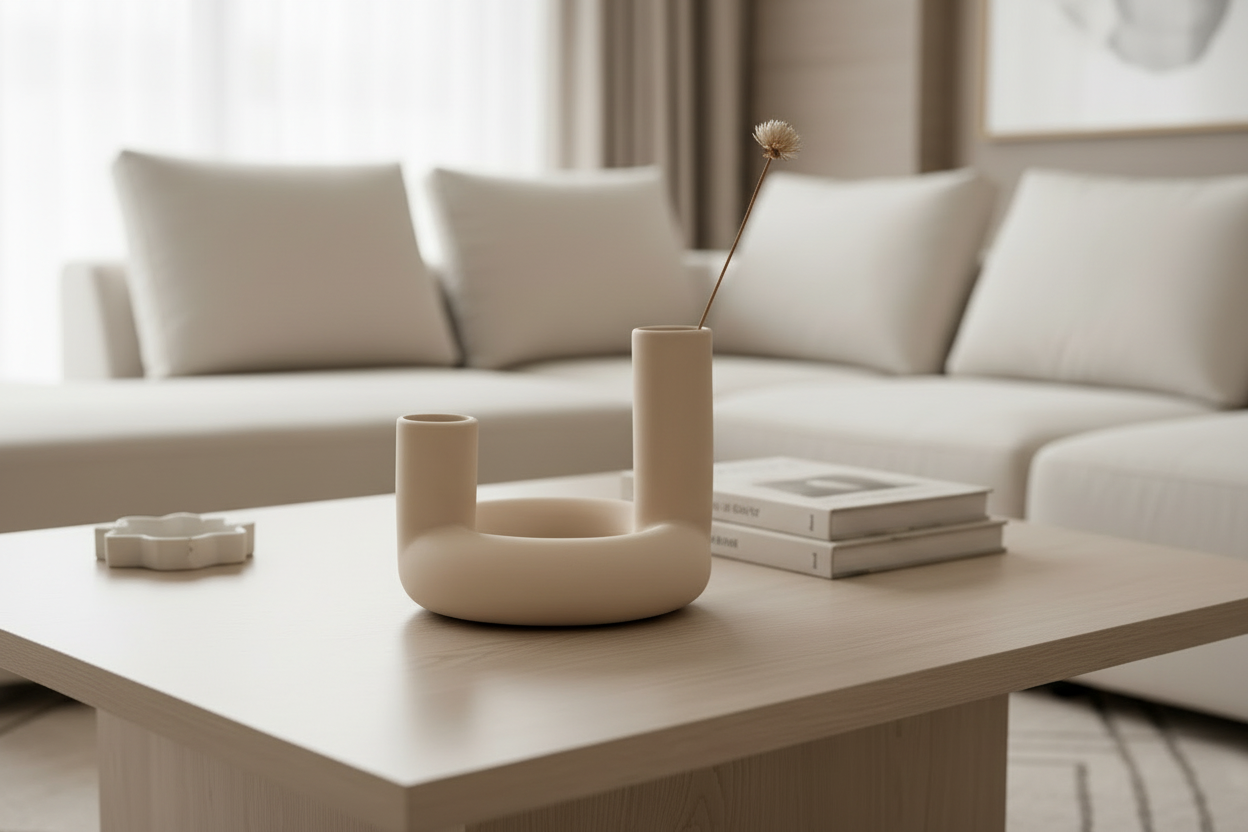 Beige Ceramic Ring Double Bud Vase / Candle Holder