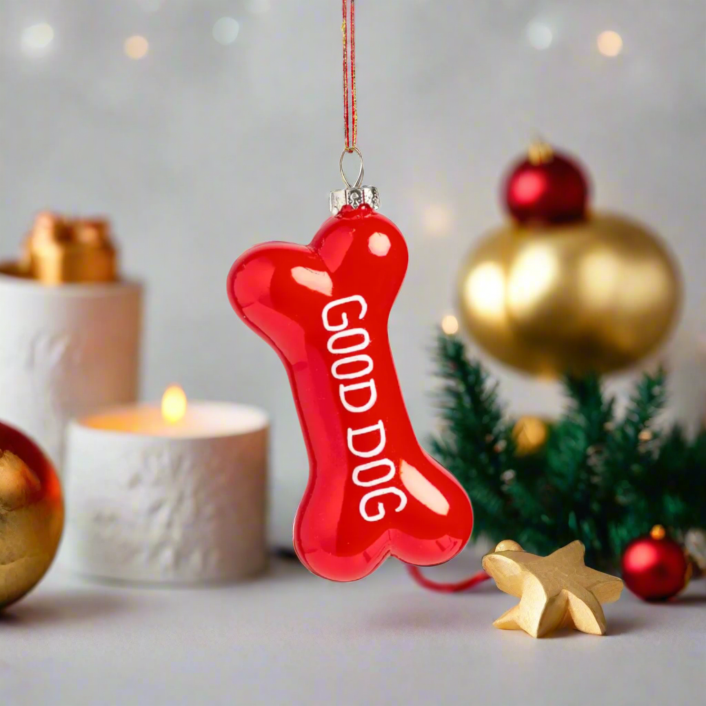 Glass Red Dog Bone Ornament