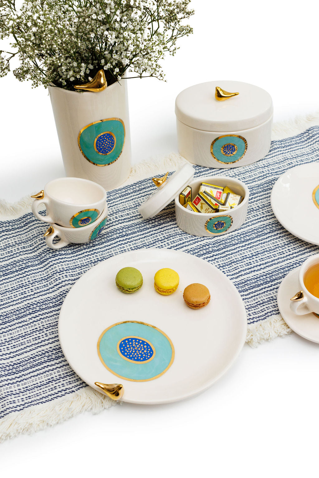 Evil Eye Ceramic Canister with Gold Bird | Round & Oval