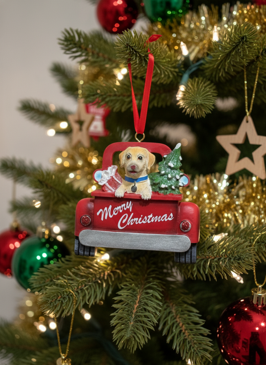 Golden Retriever in Red Pickup Truck Christmas Ornament