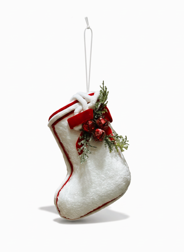 White Plush Christmas Stocking Ornament with Red Bow and Holly