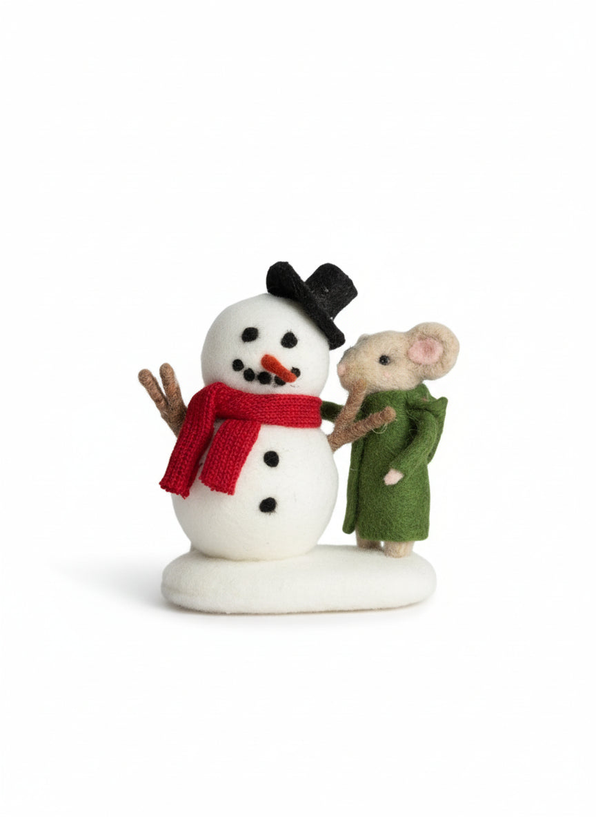 Handcrafted Felt Snowman with Mouse Figurine