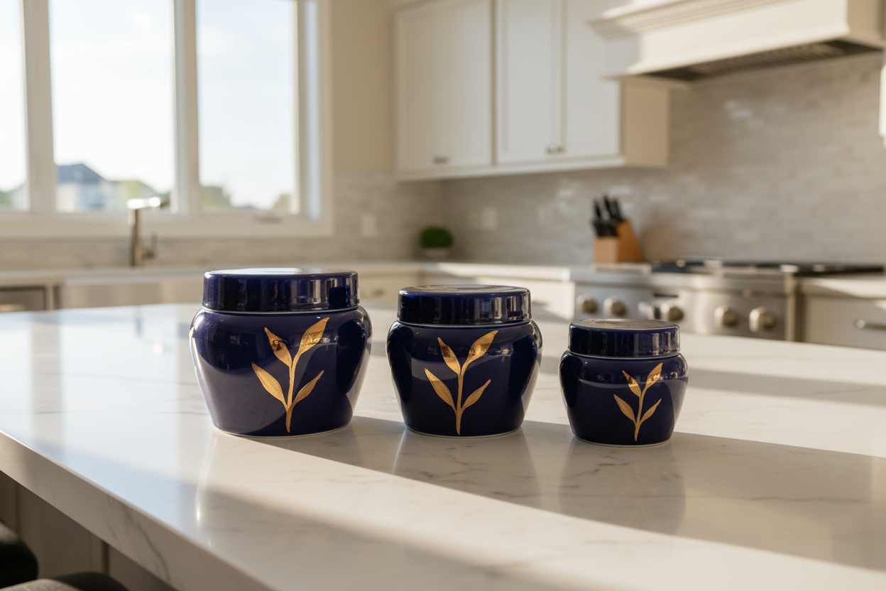 Navy Ceramic Flat Lid Canister with Gold Leaf