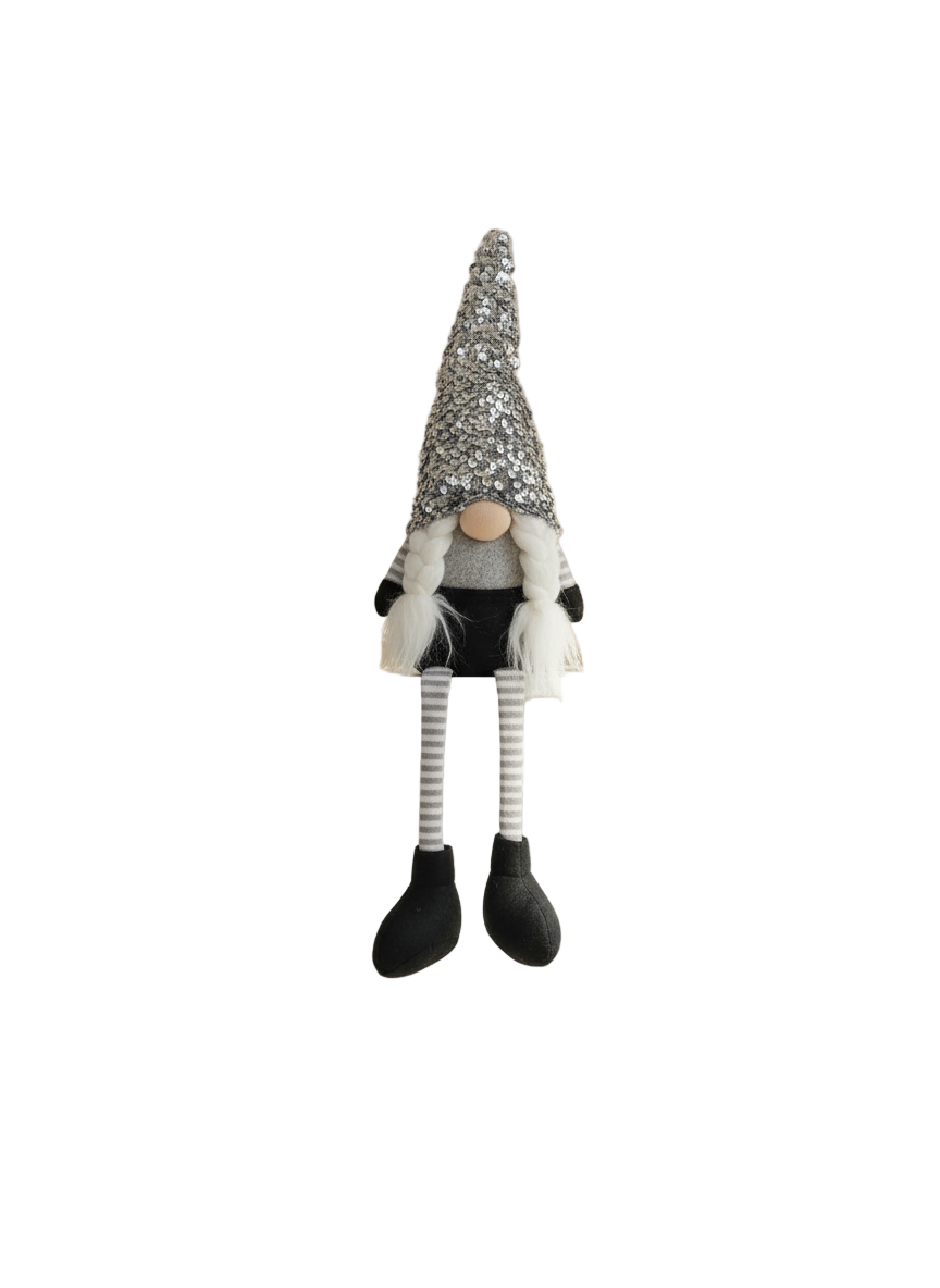 Sitting Christmas Gnome with Silver Sequin Hat | Glam Gonk