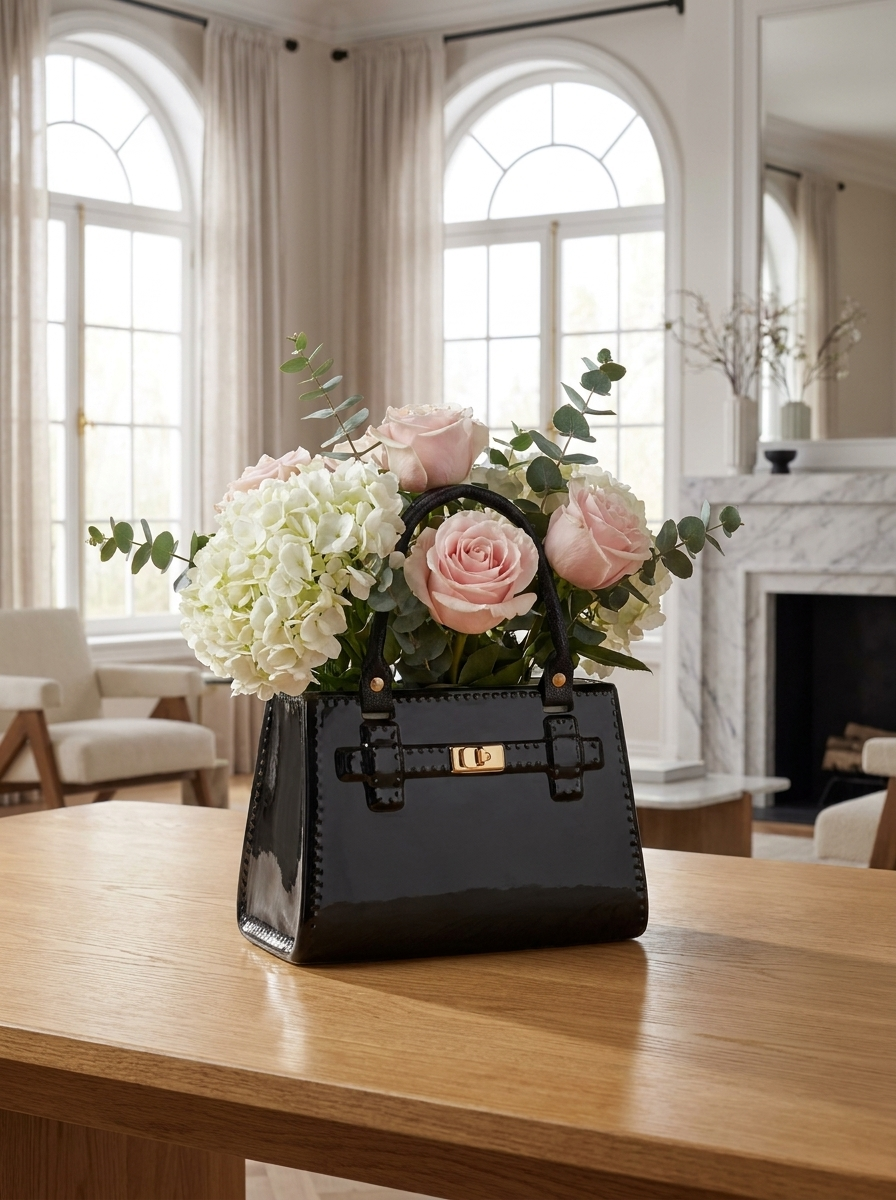 Large Handbag Vase | Black Ceramic Purse Vase for Floral Home Décor