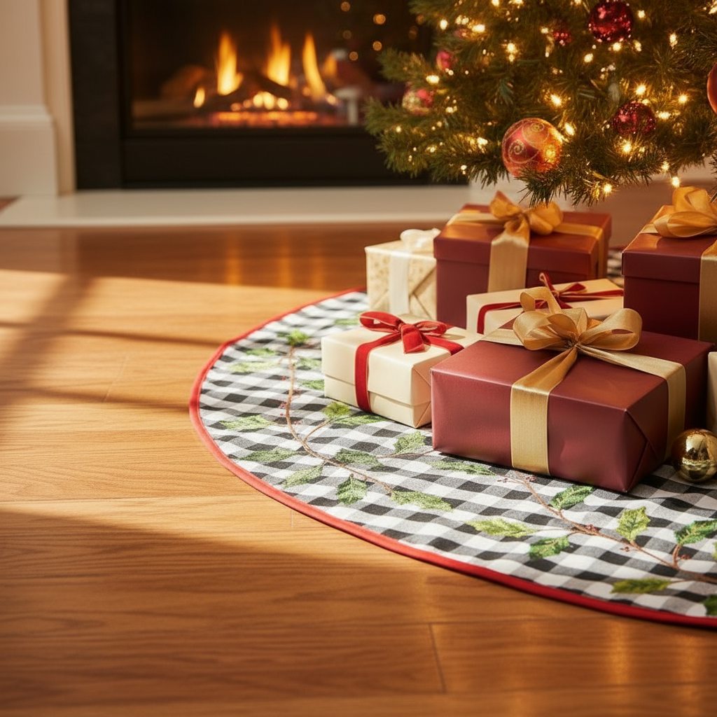 Buffalo Check Christmas Tree Skirt with Holly and Red Trim