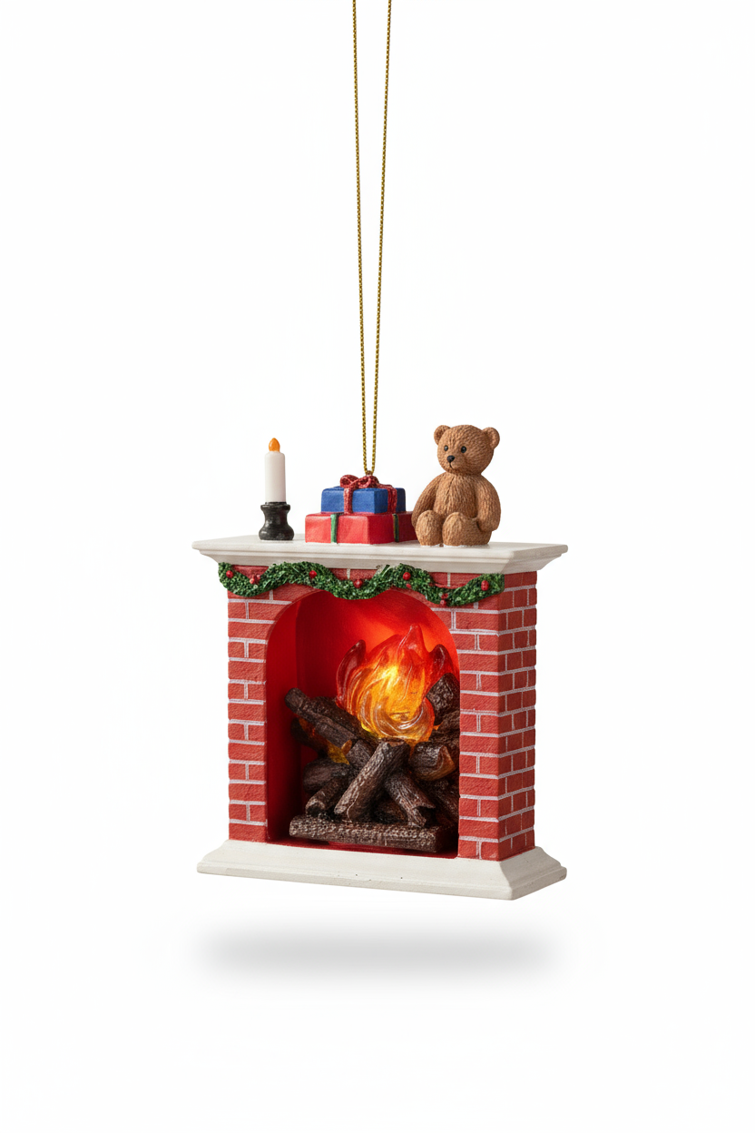 Decorative Christmas ornament of a fireplace with a teddy bear and presents on a white background
