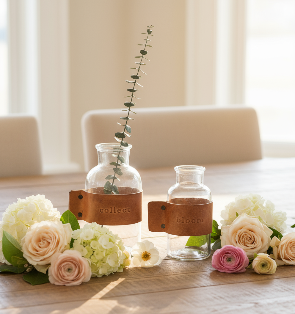 Two glass vases with brown leather straps on a white background