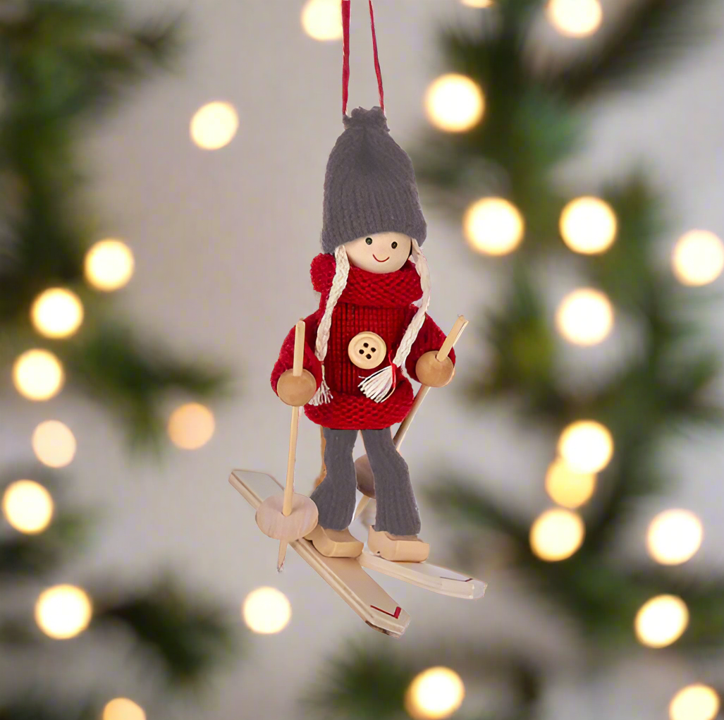 Cozy Red Sweater Skiing Girl Ornament