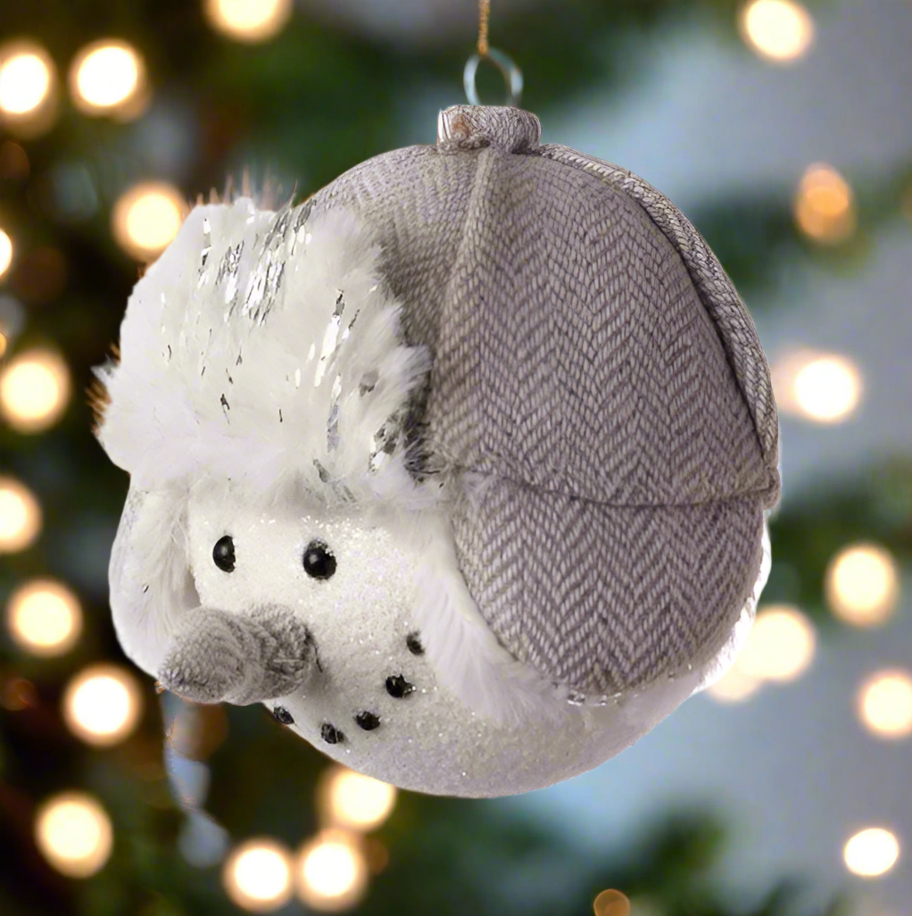 Herringbone Gray Hat Snowman Ornament