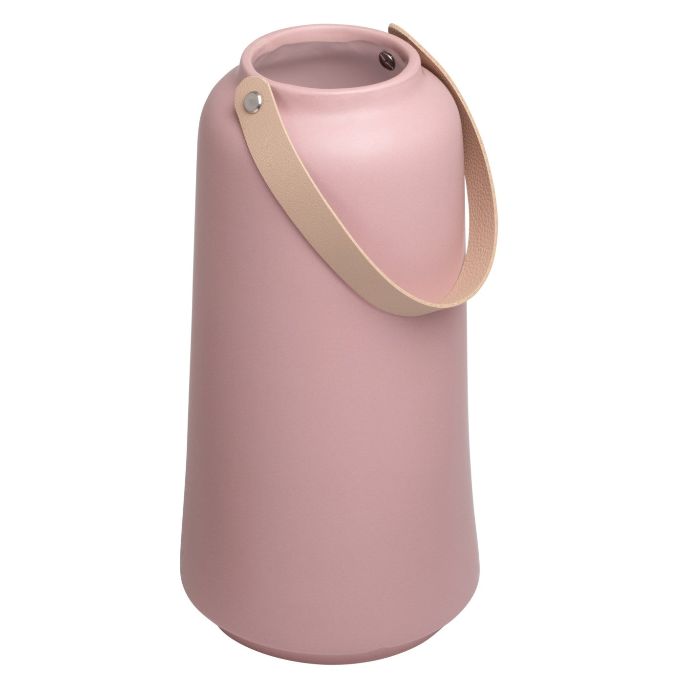 Matte Pink Ceramic Tapered Vase with Faux Leather Handle