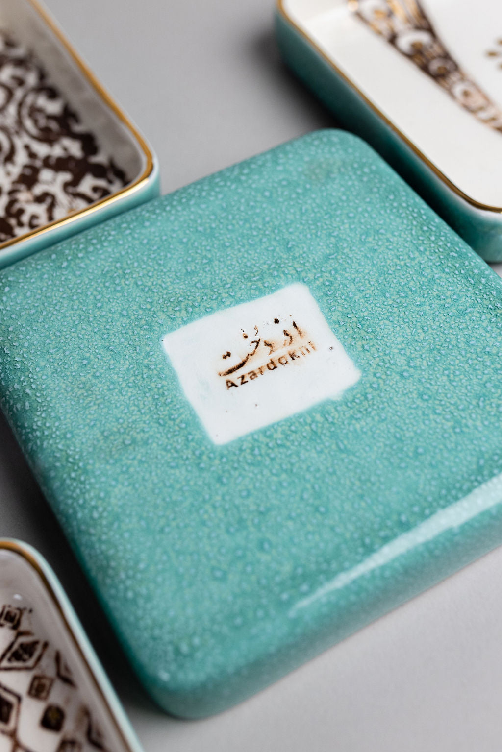 Square Ceramic Serving Plates | Turquoise And White With Black Prints | Set of 4