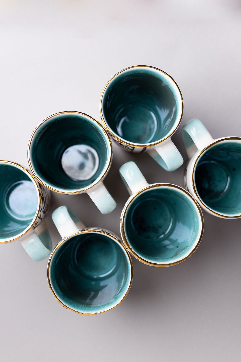 White And Turquoise Ceramic Mugs | Hand Made Black And Gold Pattern