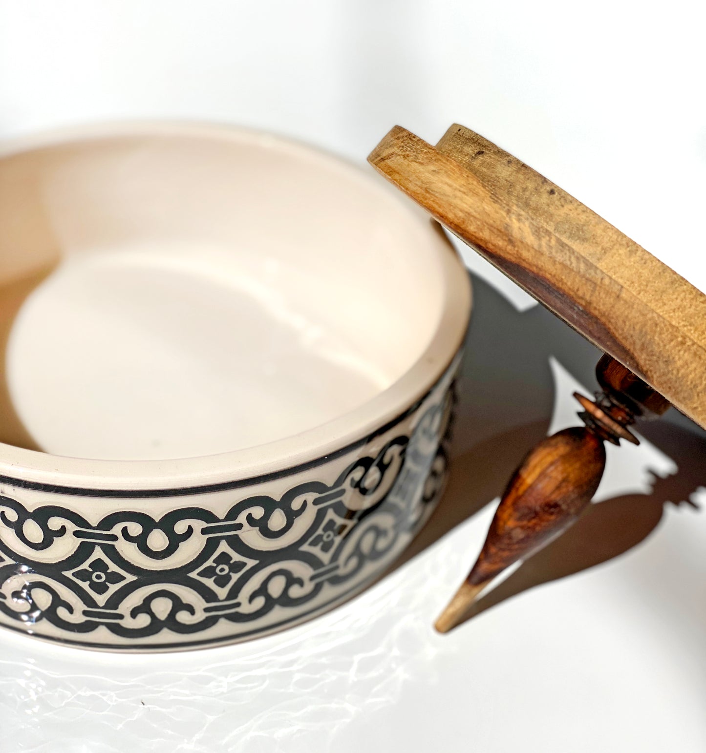 Black And White Ceramic Canister with Wood Lid