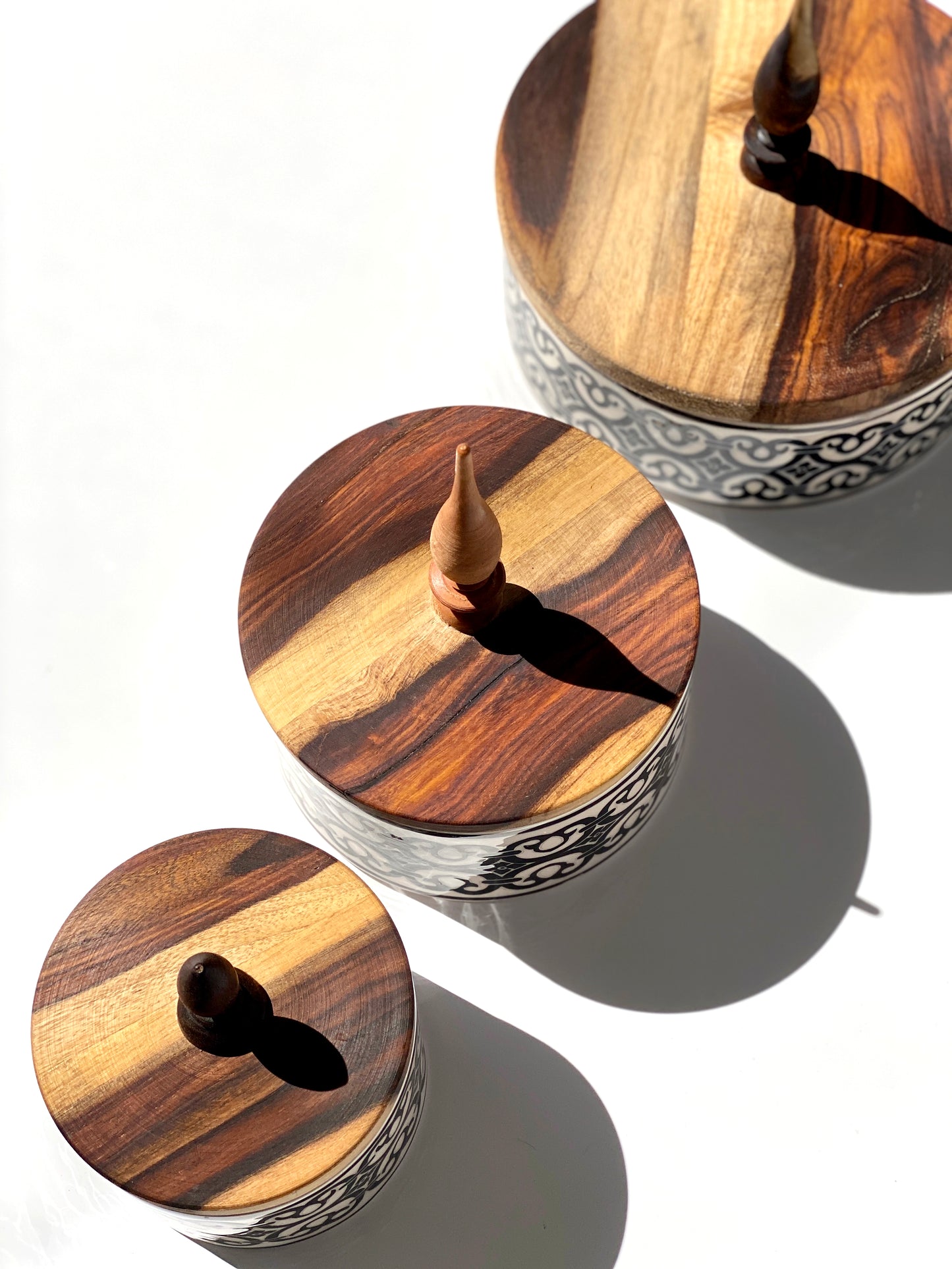 Black And White Ceramic Canister with Wood Lid