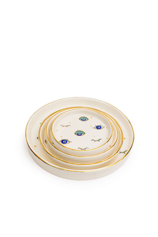 Blue Eye Round Trays with Gold Edge