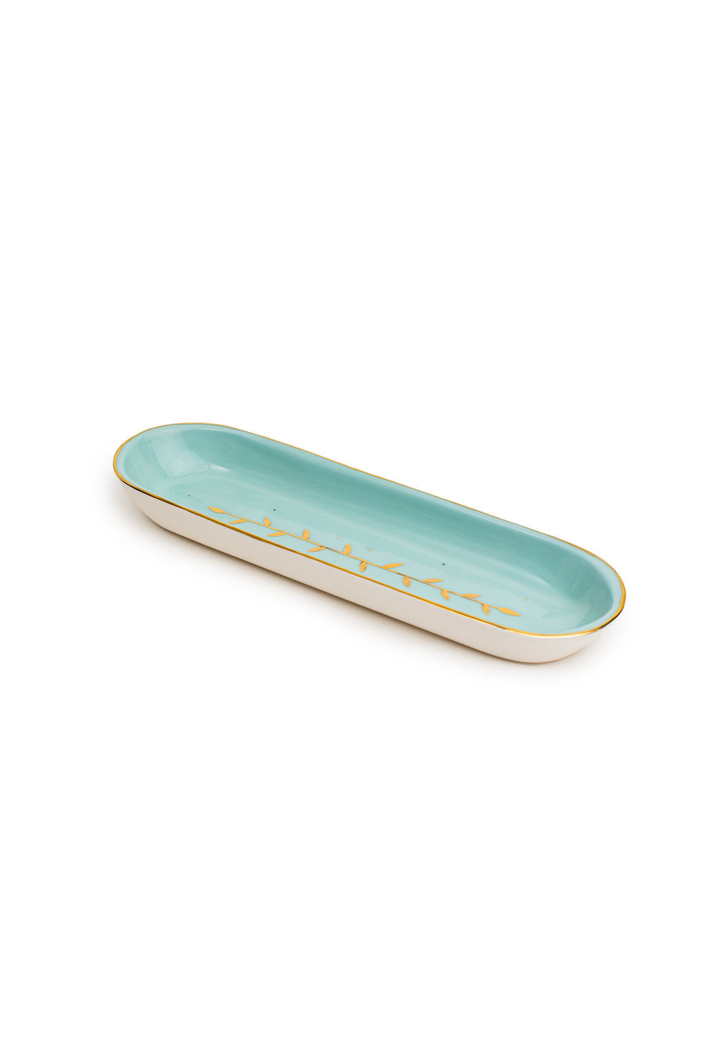 Cyan Maan Oval Tray with Gold Leaves