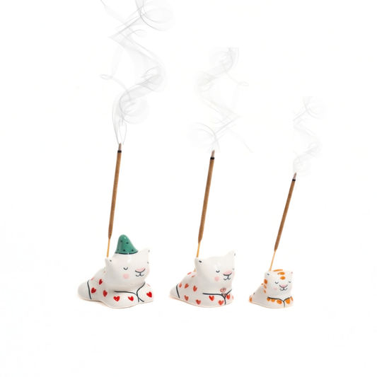 Ceramic Cat Incense Holder Set of 3 | Handcrafted Zen Kitty