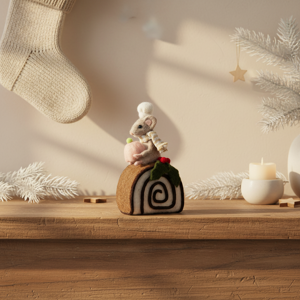 Decorative mouse figurine on a Swiss Roll christmas decor