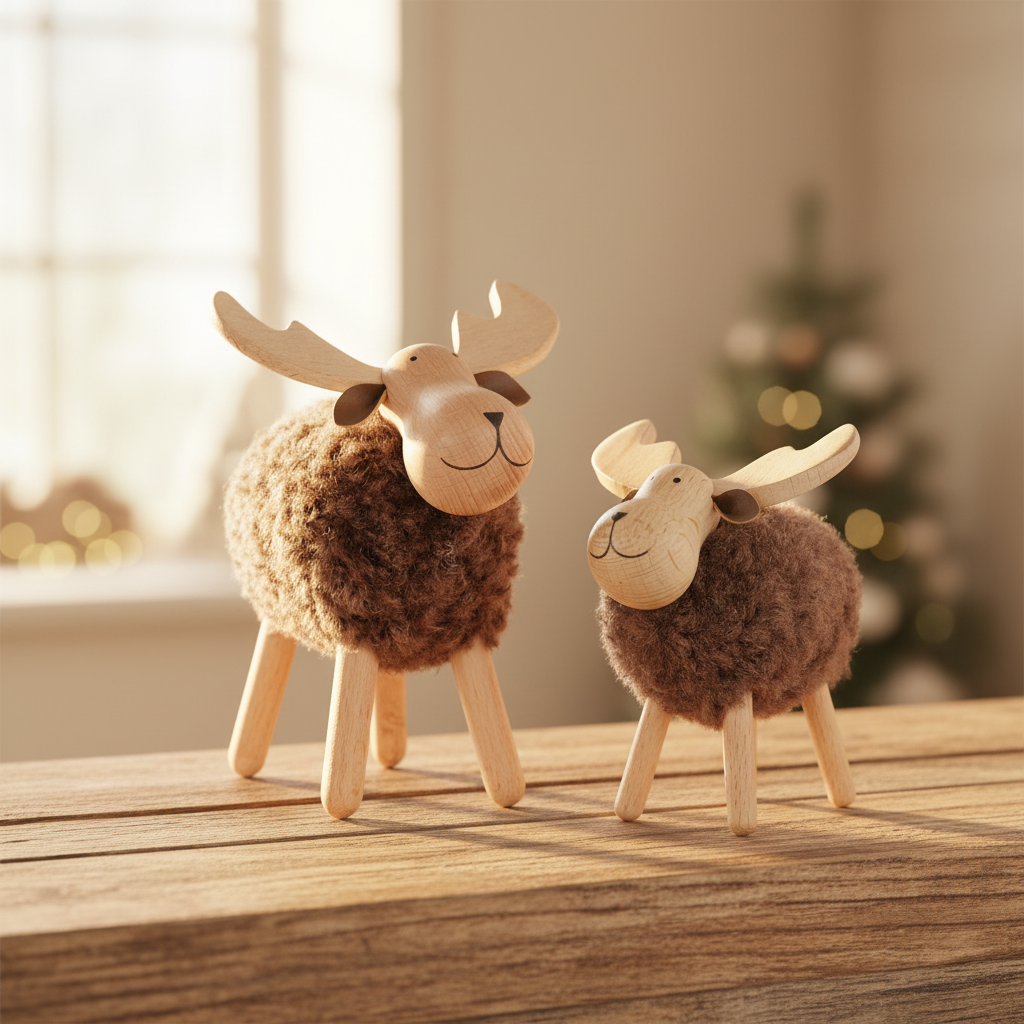 Two wooden decorative moose figurines with brown fur