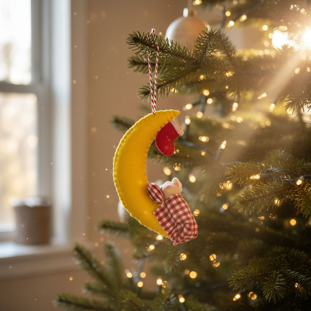 Decorative ornament of a mouse sleeping on a moon hanging on a Christmas tree.