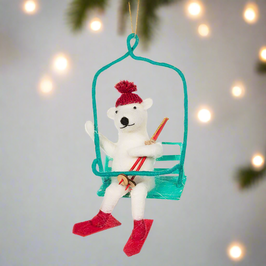 Skiing Bear on Chairlift Ornament