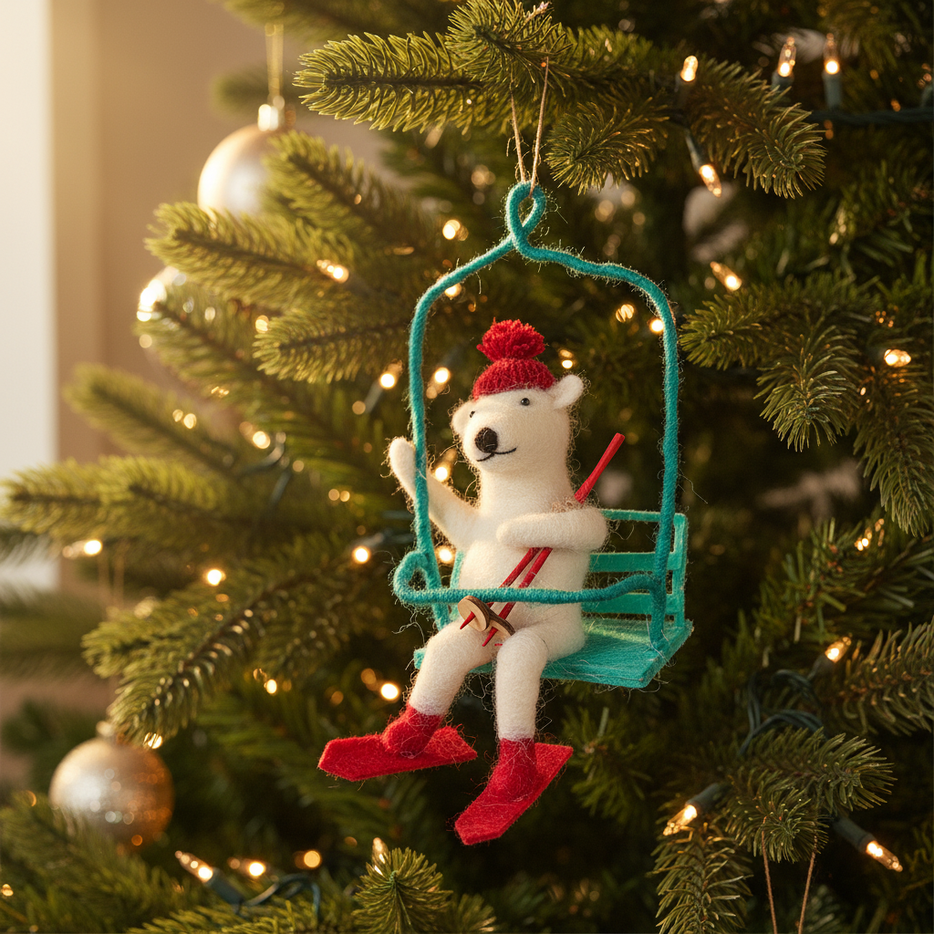 Skiing Bear on Chairlift Ornament