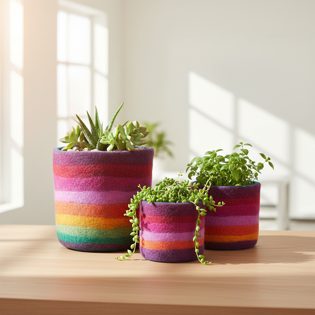 Rainbow Stripe Felt Planters. Set of 3