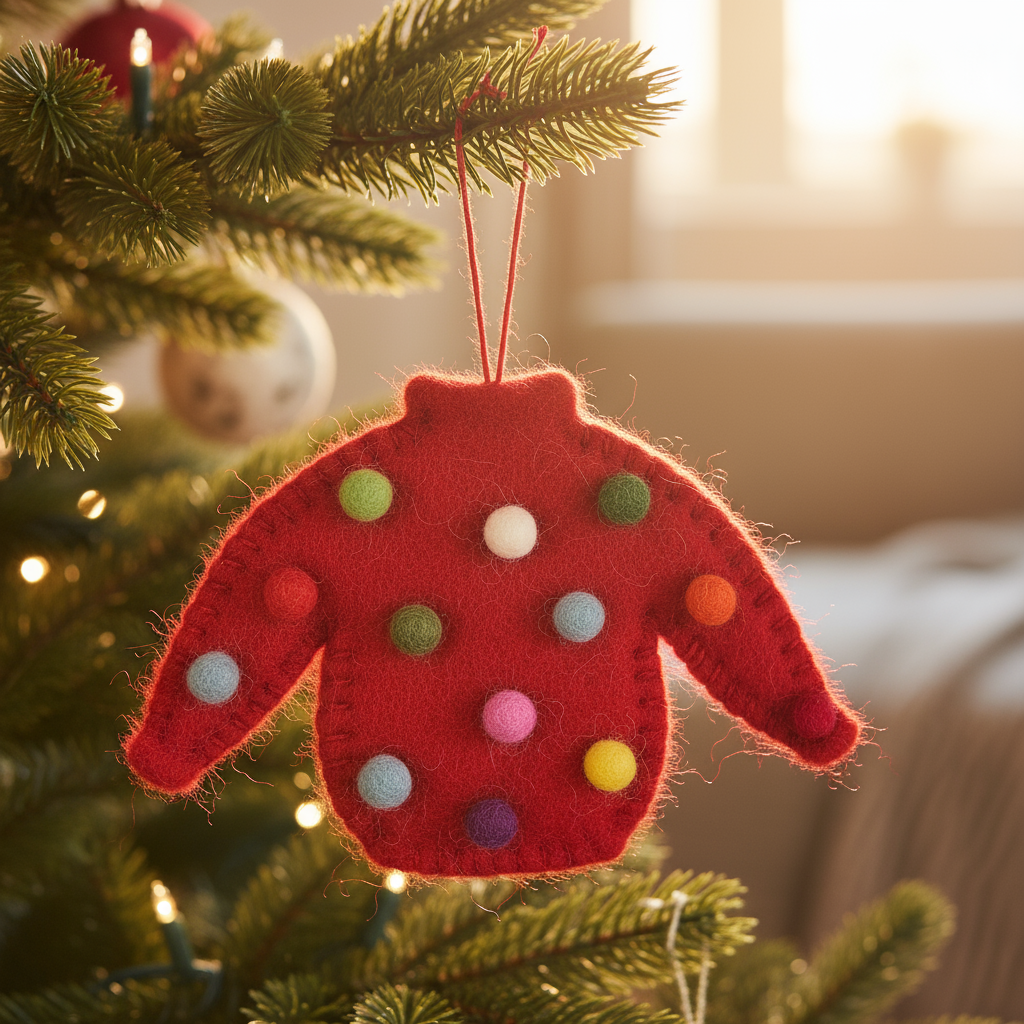 Two felted sweater ornaments, one red and one gray, with colorful pom-poms on a white background.