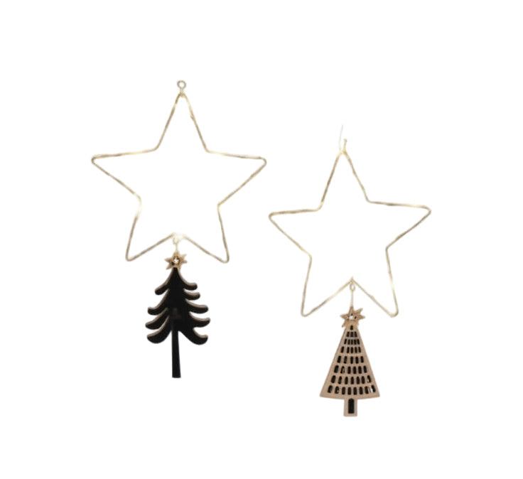 LED Metal Wire Star Decorations with Hanging Wooden Trees