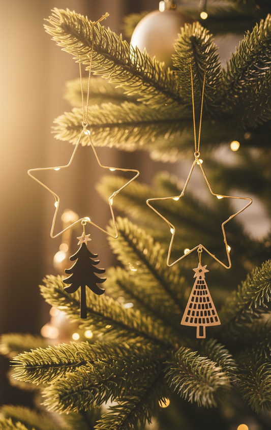 Star-shaped earrings with Christmas tree designs on a white background