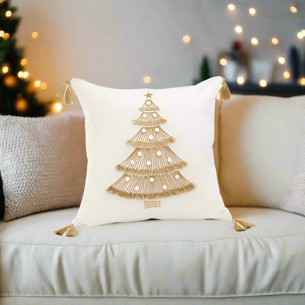 White And Gold Christmas Tree Cushion