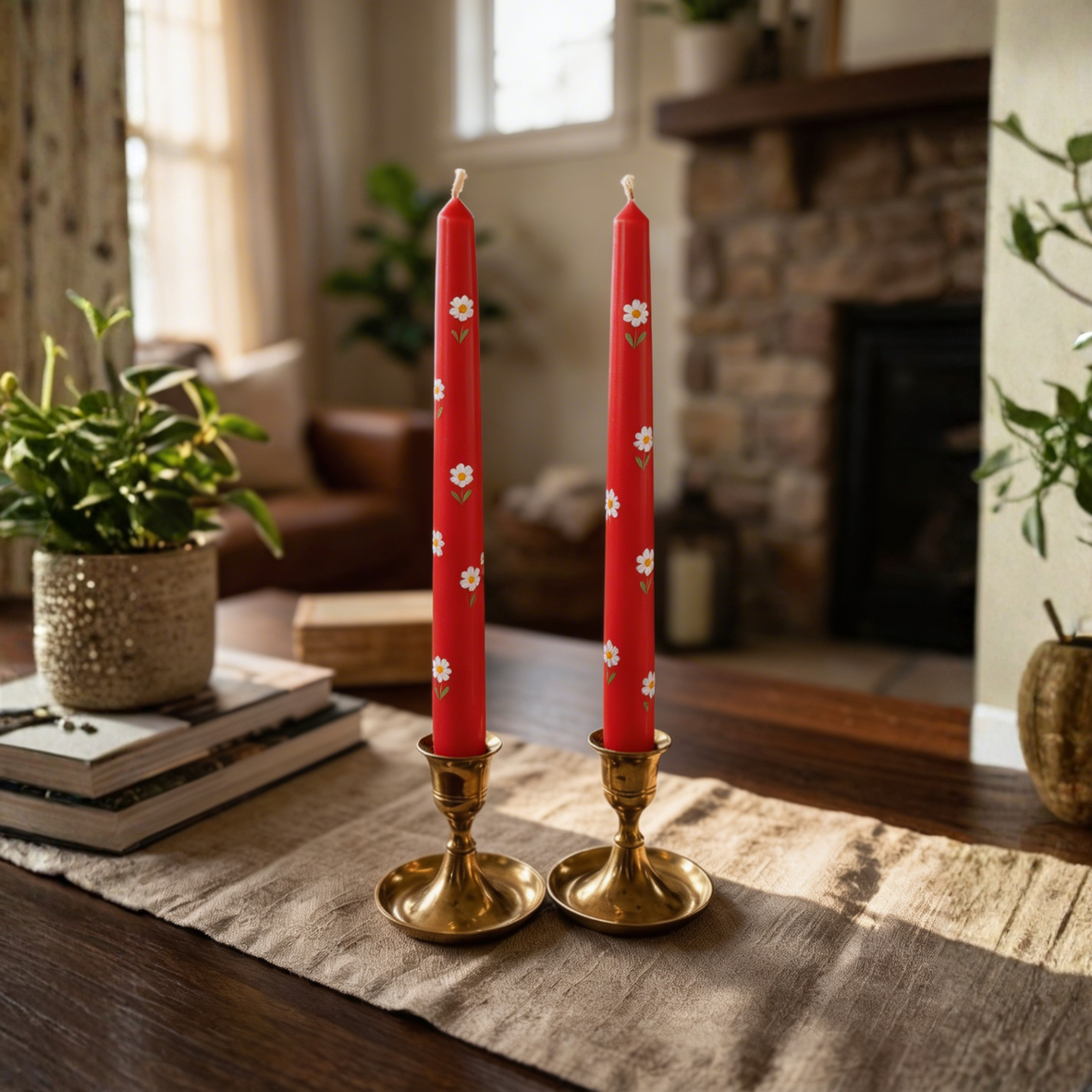 Hand-Painted Taper Candle Set | Evil Eye & Red Peony