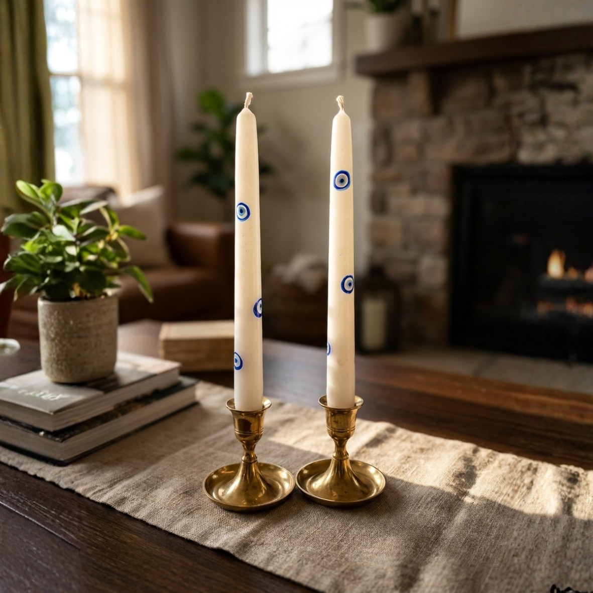 Hand-Painted Taper Candle Set | Evil Eye & Red Peony