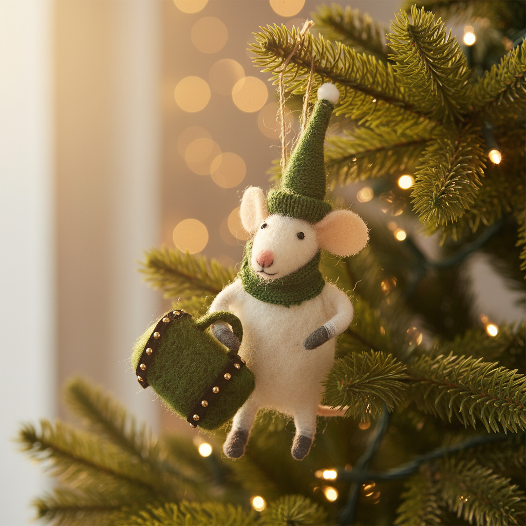 A felt plush toy mouse ornament in green and brown colors, holding a green suitcase, made of wool and felt.