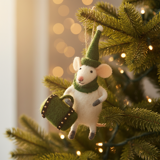 A felt plush toy mouse ornament in green and brown colors, holding a green suitcase, made of wool and felt.