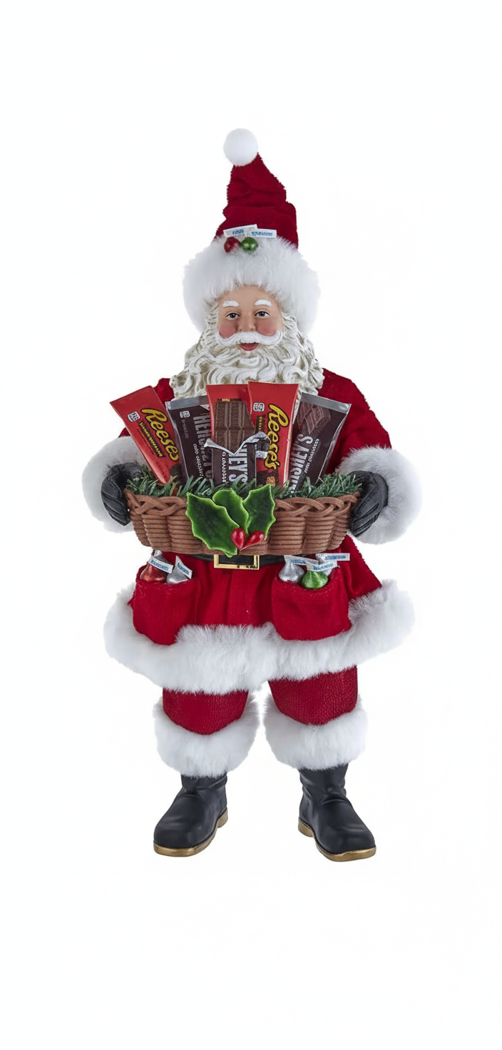 Decorative figure of Santa Claus holding a basket of gifts on a white background