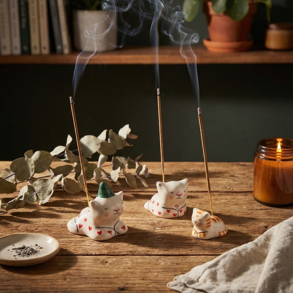 Ceramic Cat Incense Holder Set of 3 | Handcrafted Zen Kitty