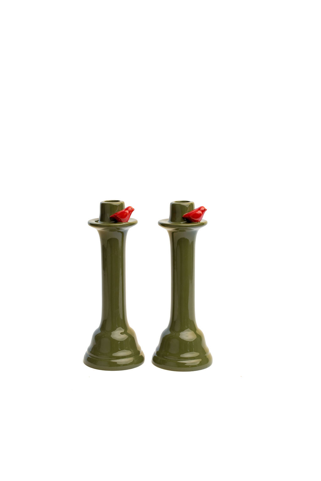 Moss Green Candlestick with Red Bird