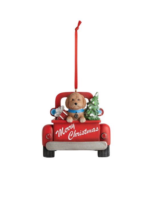 Golden Doodle In Back of Truck Christmas Ornament