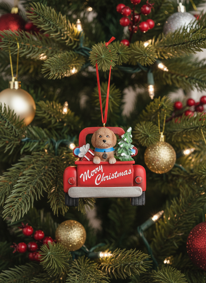 Golden Doodle In Back of Truck Christmas Ornament