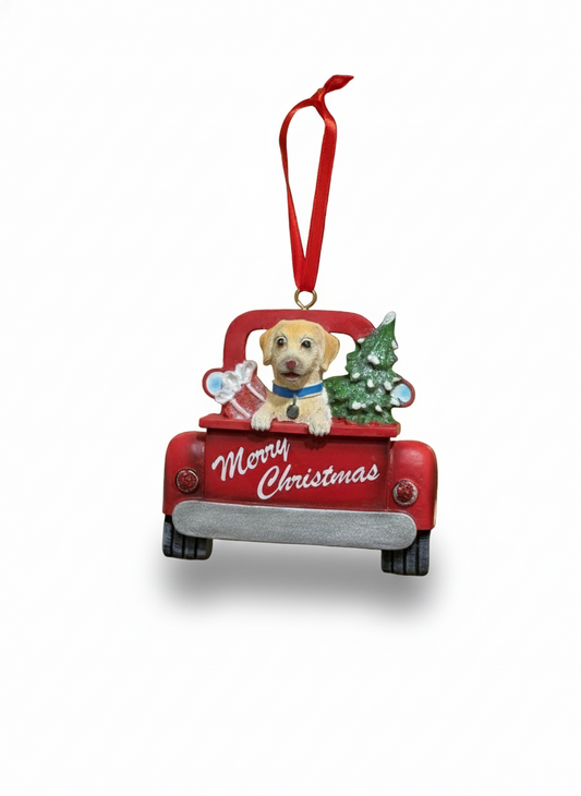 Golden Retriever in Red Pickup Truck Christmas Ornament