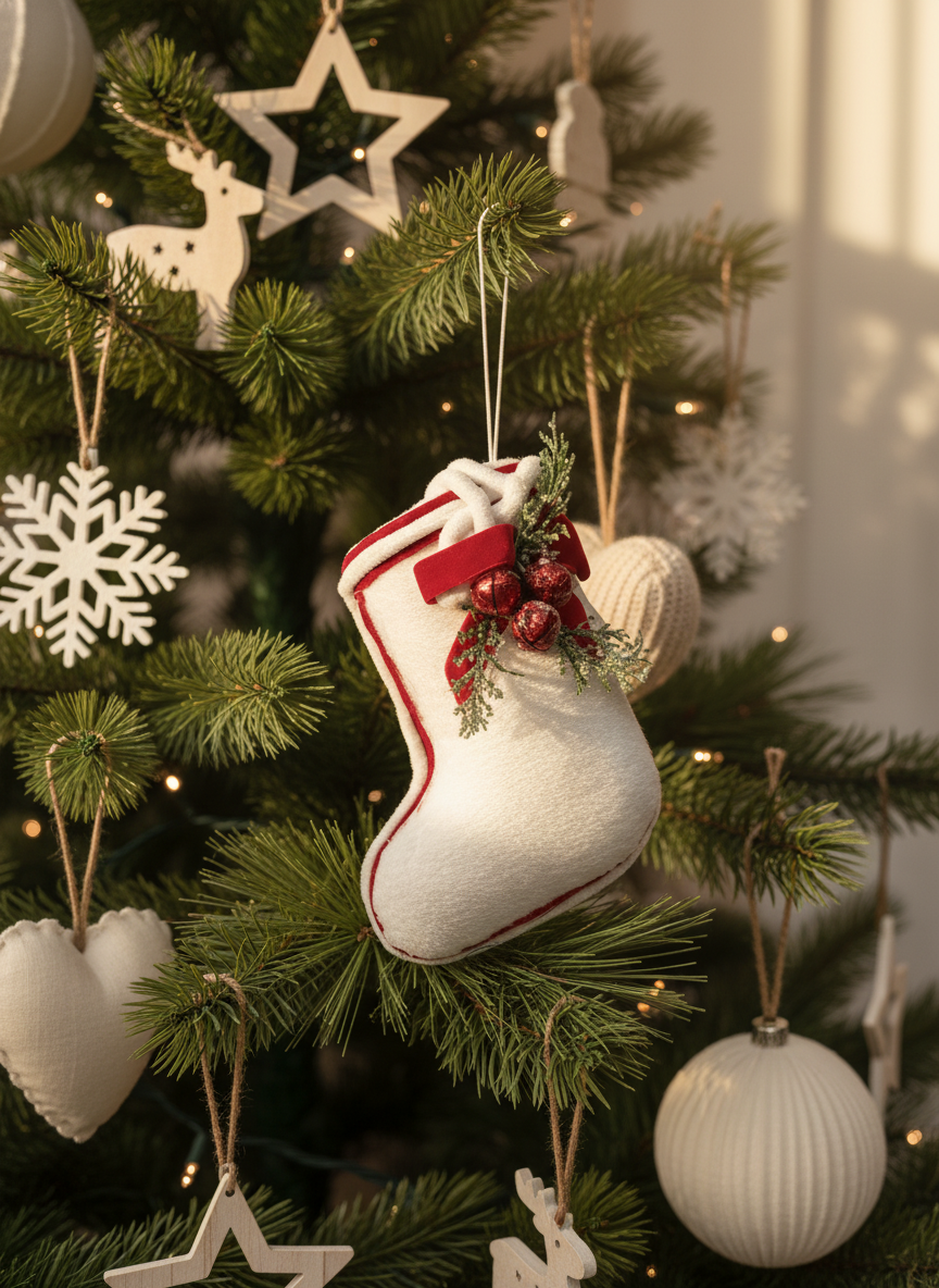 White Plush Christmas Stocking Ornament with Red Bow and Holly