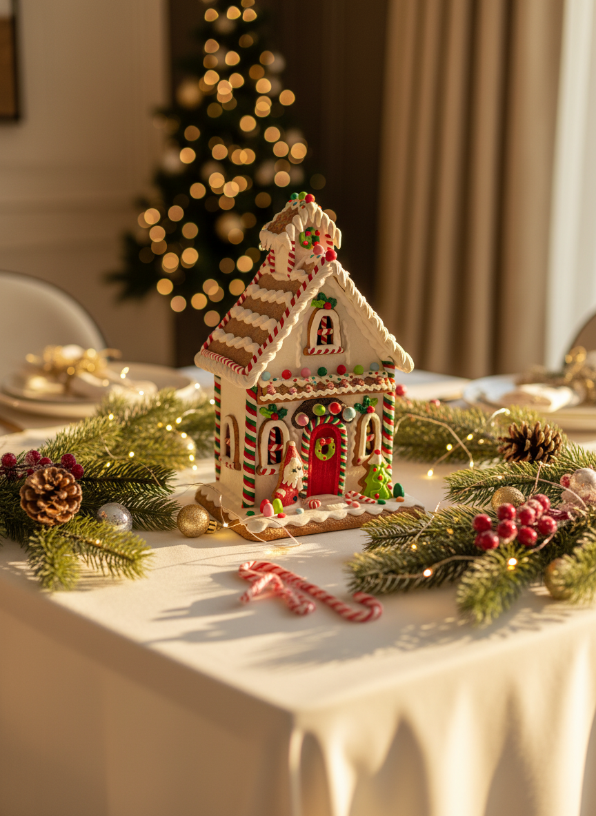 Gingerbread House with Santa Table Piece