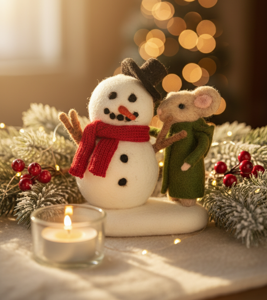 Handcrafted Felt Snowman with Mouse Figurine